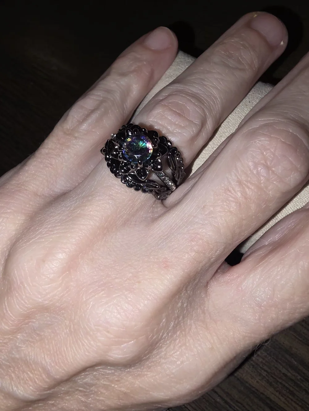 Black Filigree Ring with Multicolor Mystic Center - Women Jewelry